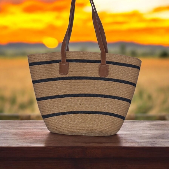 Striped Straw Tote Bag with Leather Handles - Beige & Navy - Picture 2 of 4